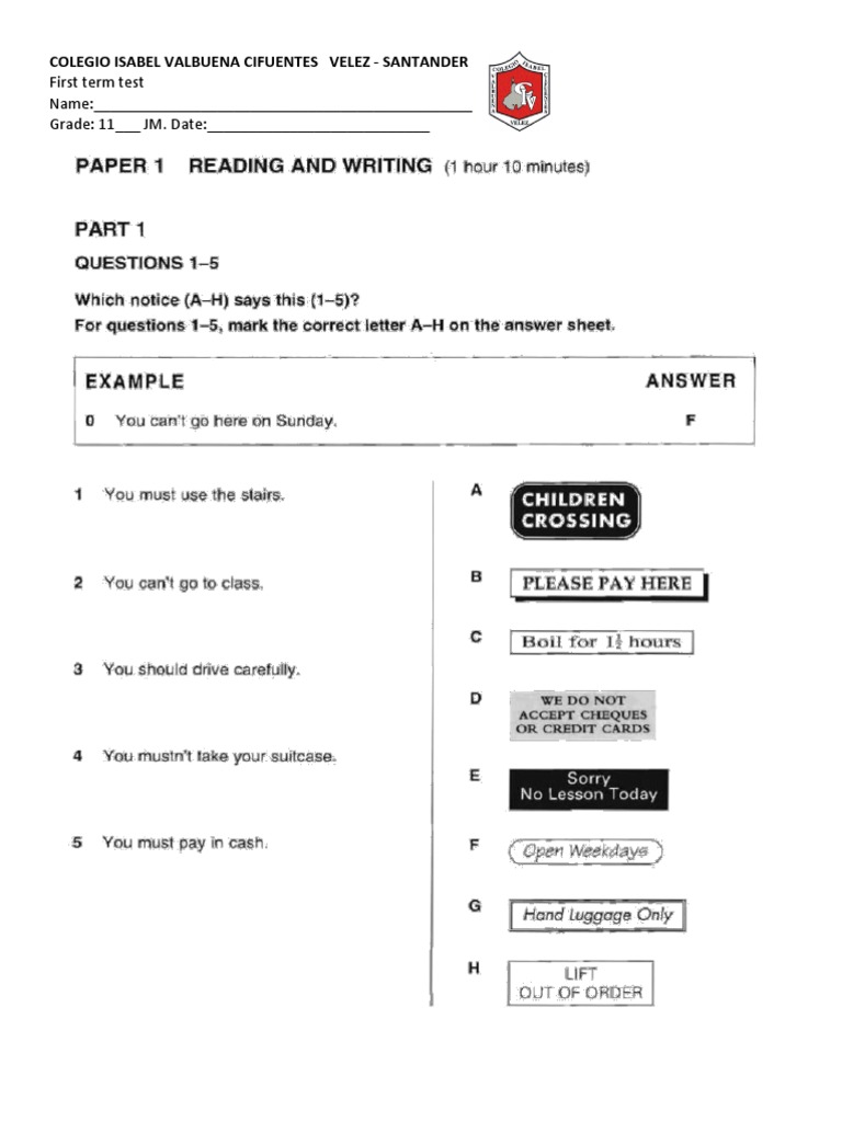 First Term Test for Grade 11 Students | PDF