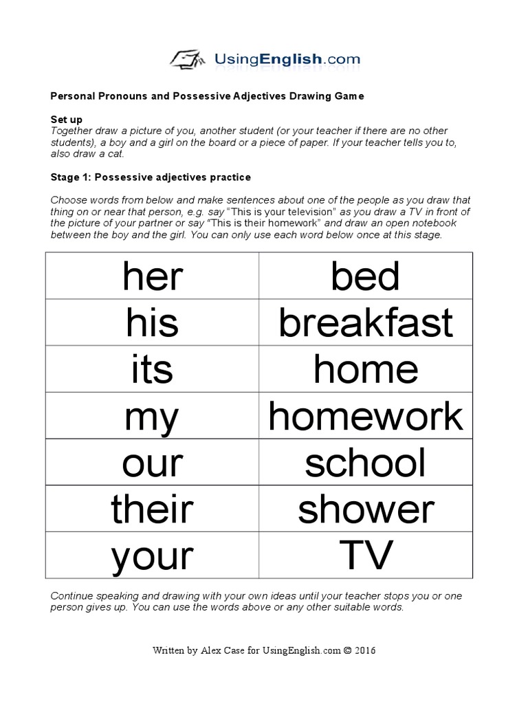 Personal Pronouns and Possessive Adjectives Drawing Game PDF | PDF | Pronoun  | Linguistic Morphology
