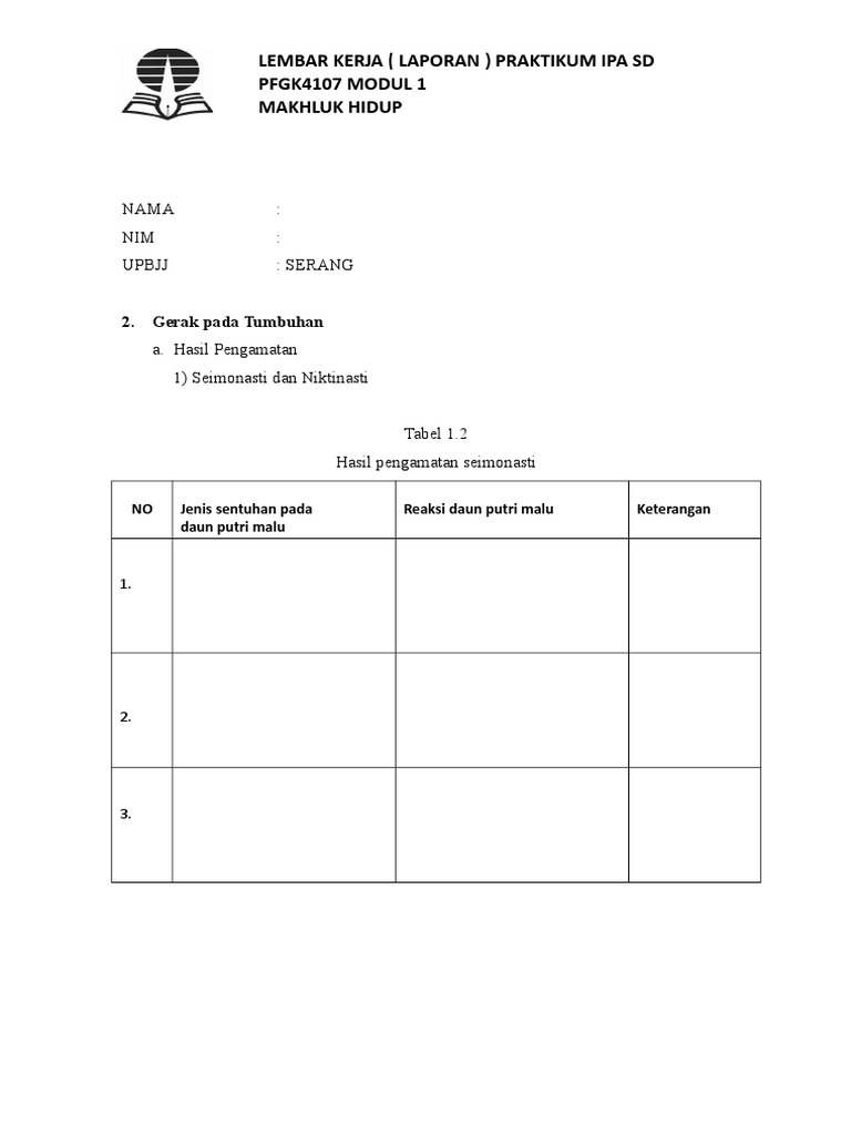 Lembar Kerja (Laporan) Praktikum Ipa SD Pfgk4107 Modul 1 Makhluk Hidup