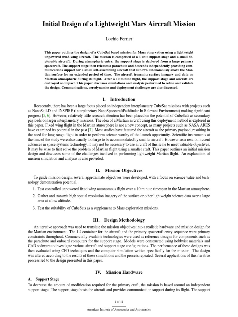 CubeSat Mars Aircraft Mission Design | PDF | Fixed Wing Aircraft | Flight