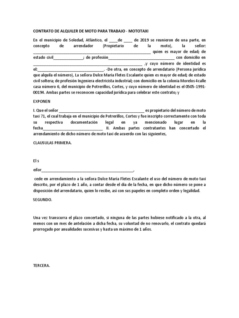 Contrato de Alquiler de Moto para Trabajo | PDF | Alquiler ...