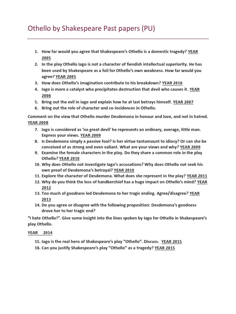 Analysis of Past Examination Questions on Shakespeare's Tragedy Othello ...