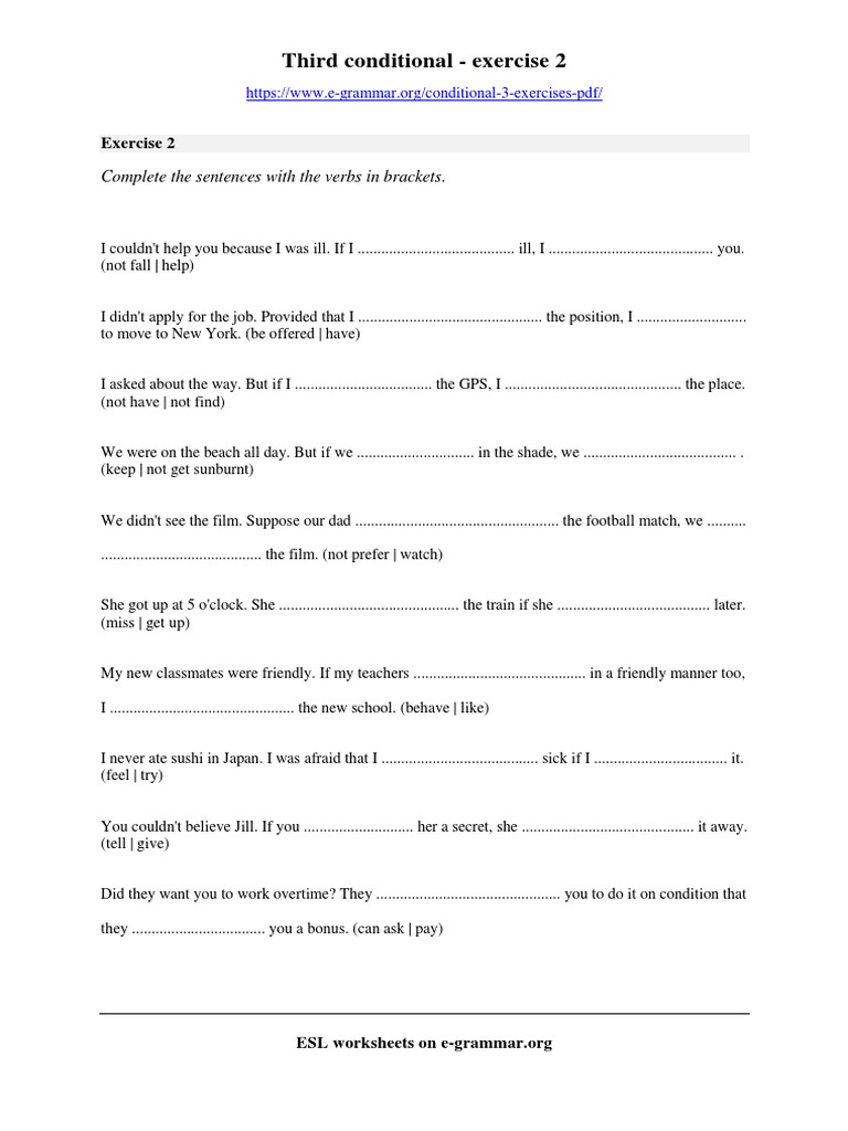 Third Conditional Exercises Worksheet | PDF