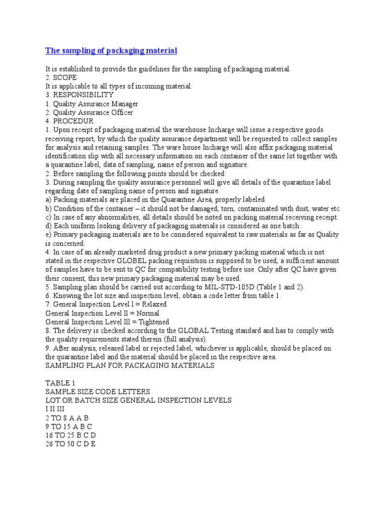The Sampling of Packaging Material PDF Packaging And Labeling