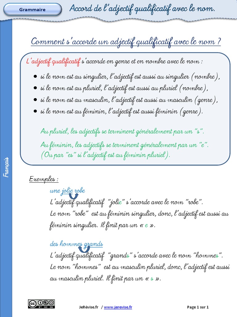 Accord De L Adjectif Qualificatif Accord Adjectif Qualificatif Nom PDF | PDF