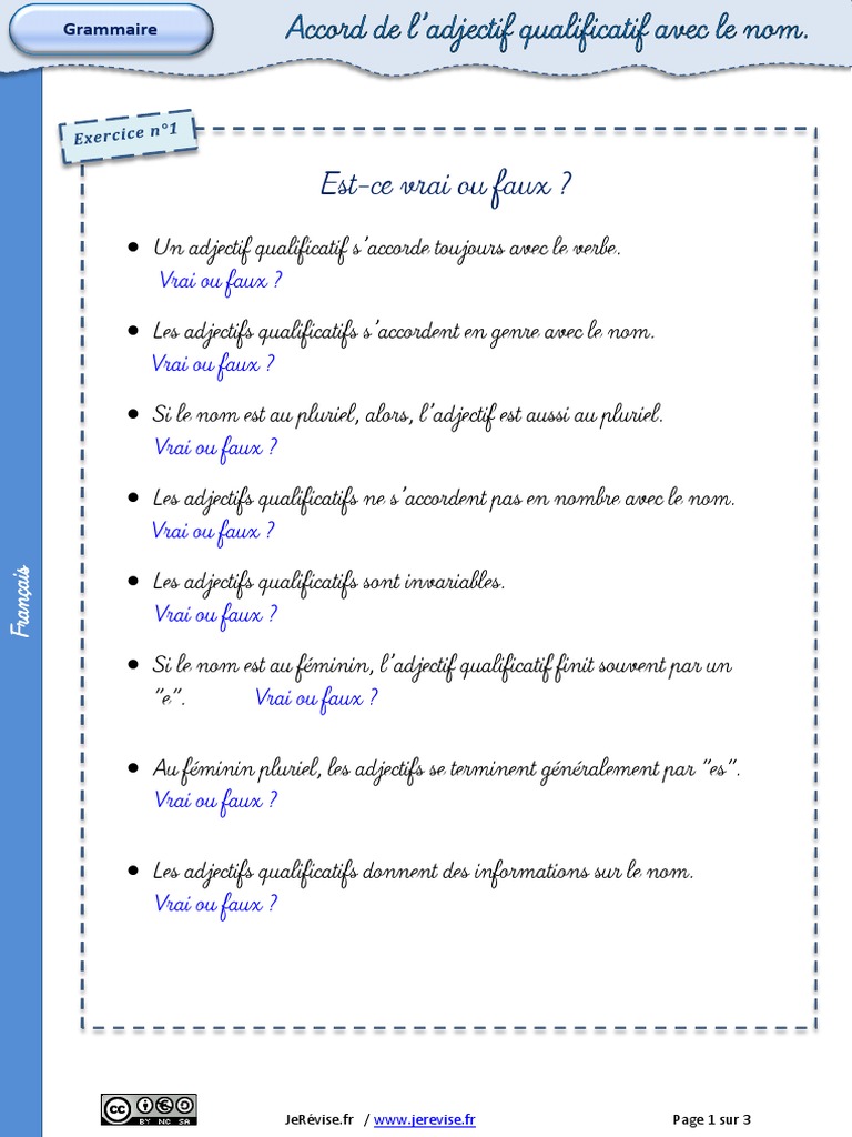 L accord Dans Le Groupe Nominal Cm1 Exercices Pdf Accord Adjectif Qualificatif Nom Exercices PDF | PDF | Genre grammatical |  Nombre grammatical