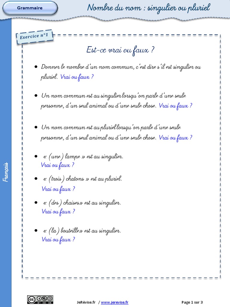 Le Pluriel Des Noms Exercices Pdf Exercices Nombre Nom Singulier Pluriel PDF | PDF | Loisirs | Divertissement  (Général)