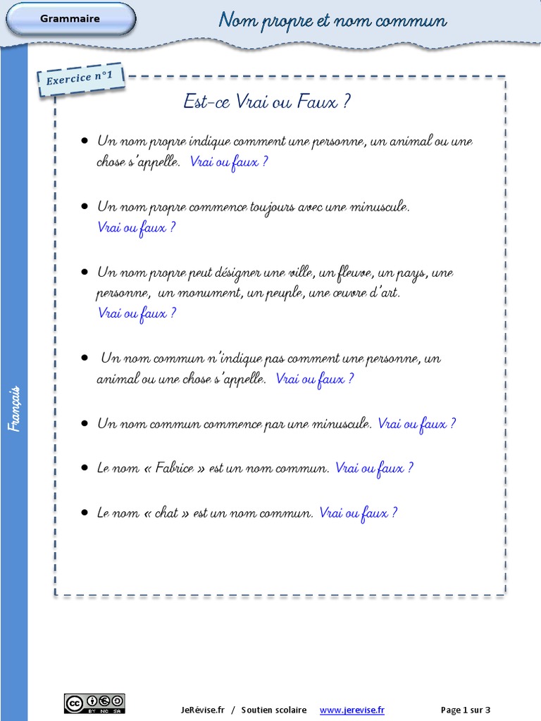 Exercice Nom Propre Nom Commun Ce2 Pdf Exercices Nom Propre Commun - 2 PDF | PDF | Nom (grammaire) | Langue  française