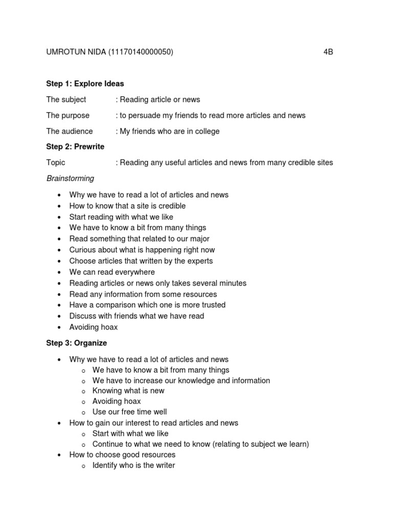 Step 1 Explore Ideas Brainstorming Pdf News Reading Comprehension