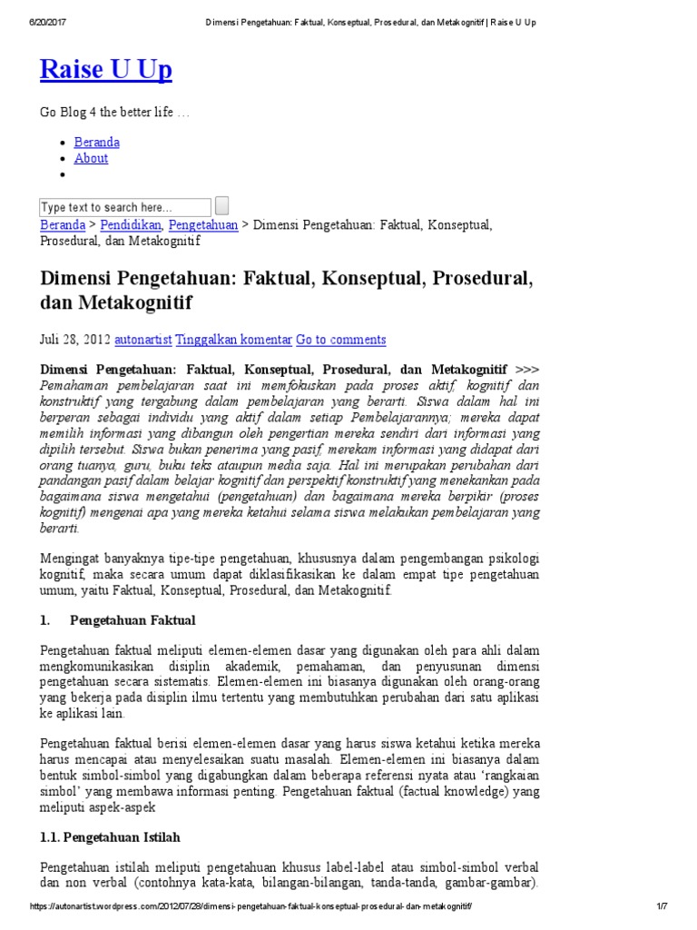 Dimensi Pengetahuan Faktual Konseptual Prosedural Dan Metakognitif