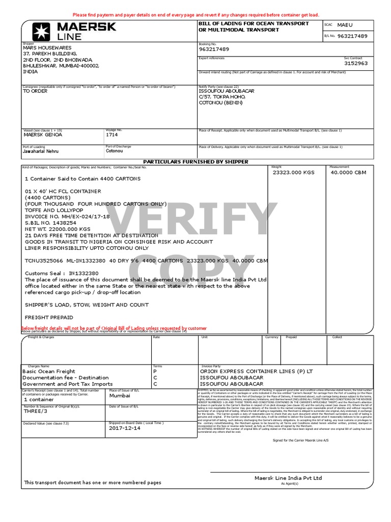 Transport Document PDF PDF Bill Of Lading Cargo