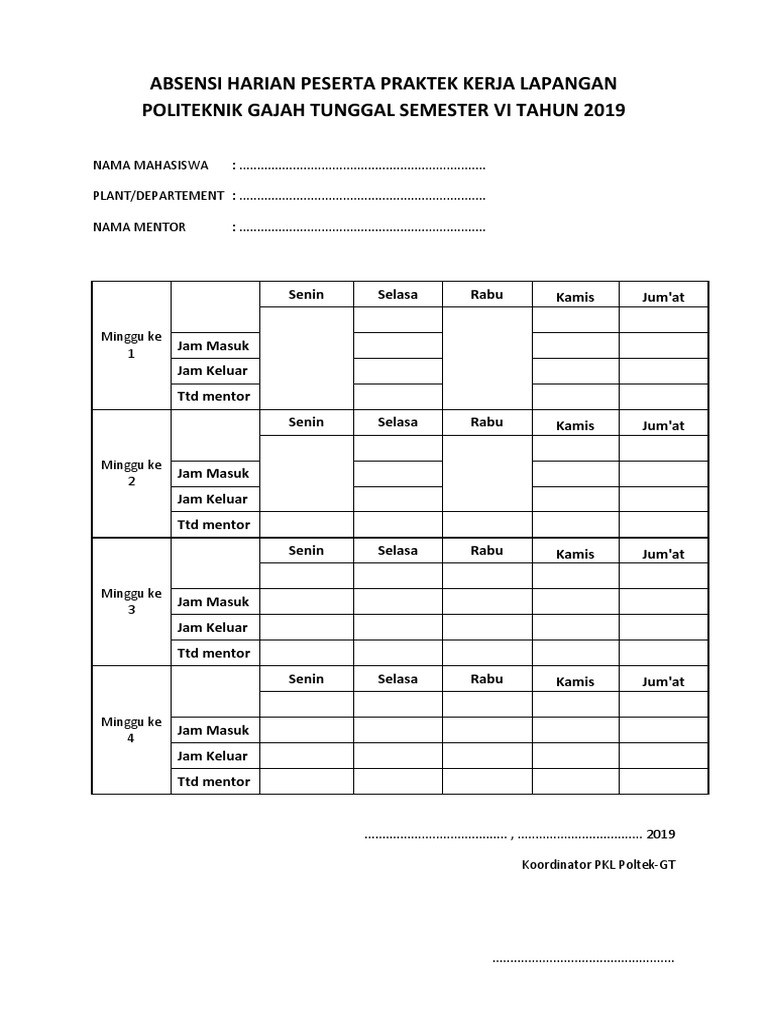 Absensi Harian Peserta Praktek Kerja Lapangan