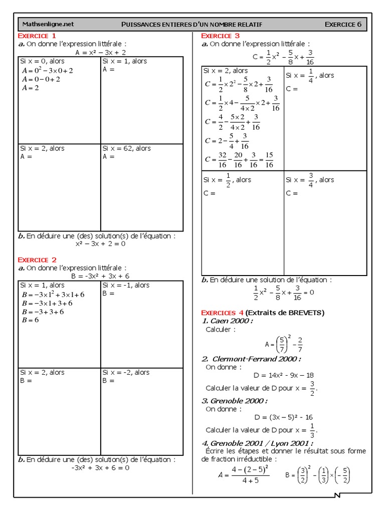 Calcul Littéral : Exercices Corrigés Pdf Chap 5 - Ex 6 - Puissances Et Équations (Calcul Littéral - BREVET) - CORRIGE  | PDF | Échecs | Enseignement des mathématiques
