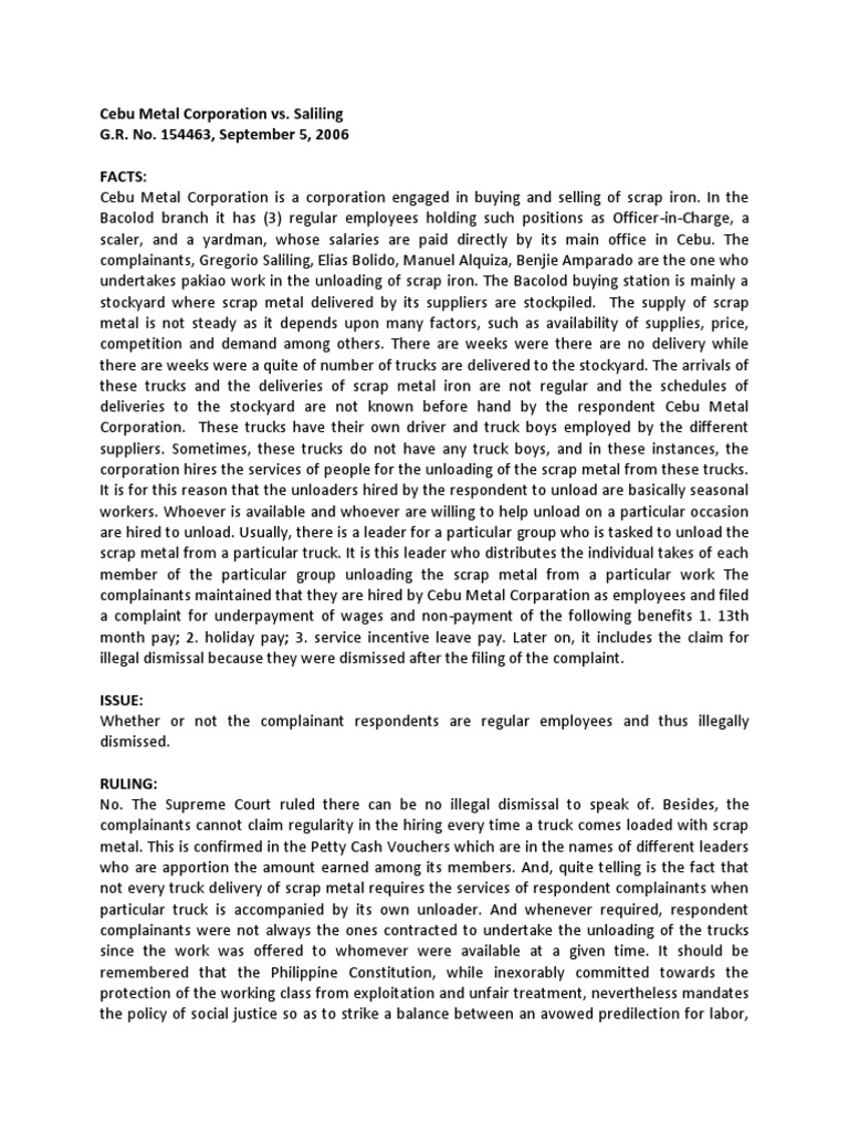 Cebu Metal Corporation vs. Saliling PDF Employment Virtue