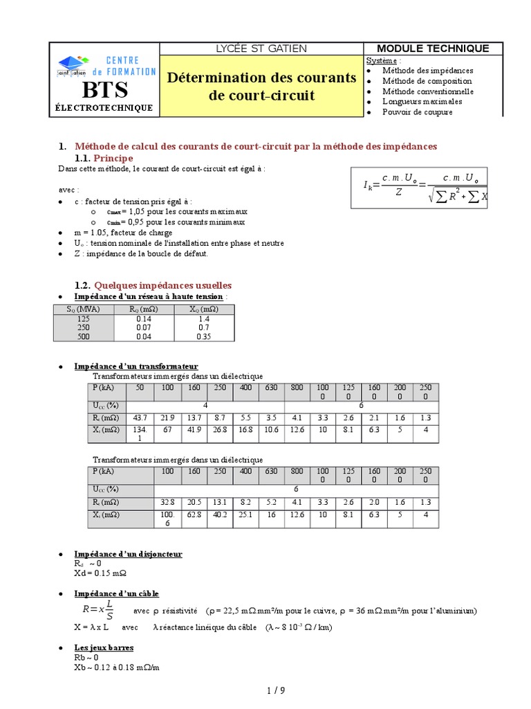 Calcul Du Courant de Court Circuit Cours PDF Transformateur électrique Puissance (physique)