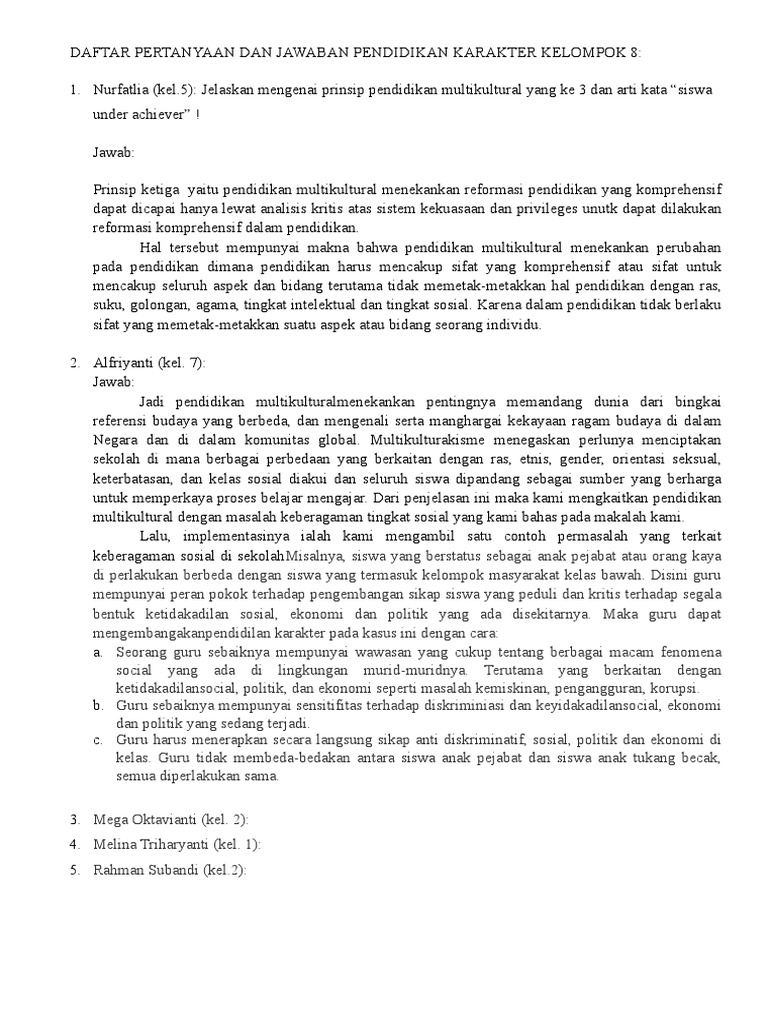 Daftar Pertanyaan Dan Jawaban Pendidikan Karakter Kelompok 8