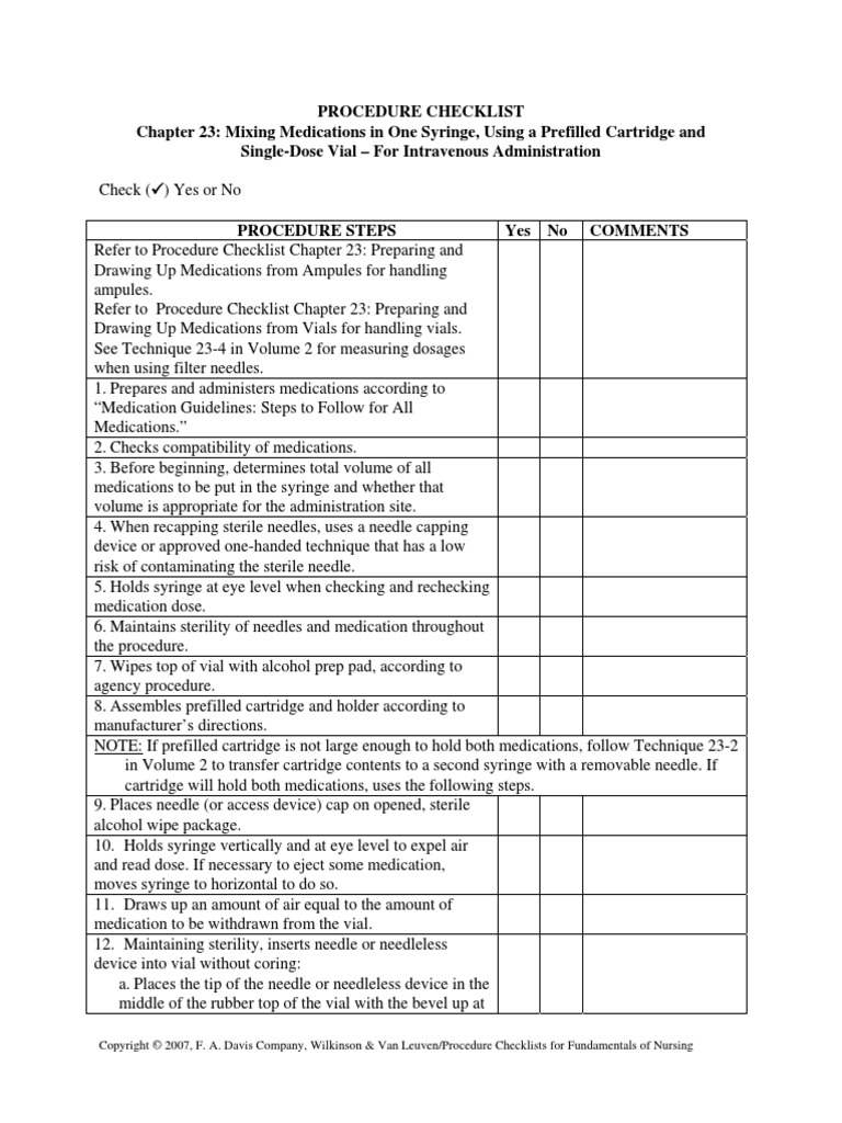 Procedure Checklist Chapter 23: Mixing Medications in One Syringe ...
