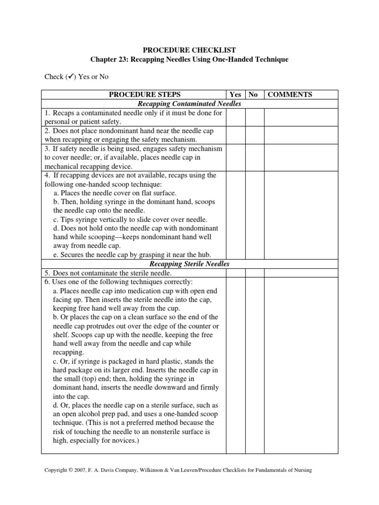 Procedure Checklist Chapter 23 Recapping Needles Using OneHanded