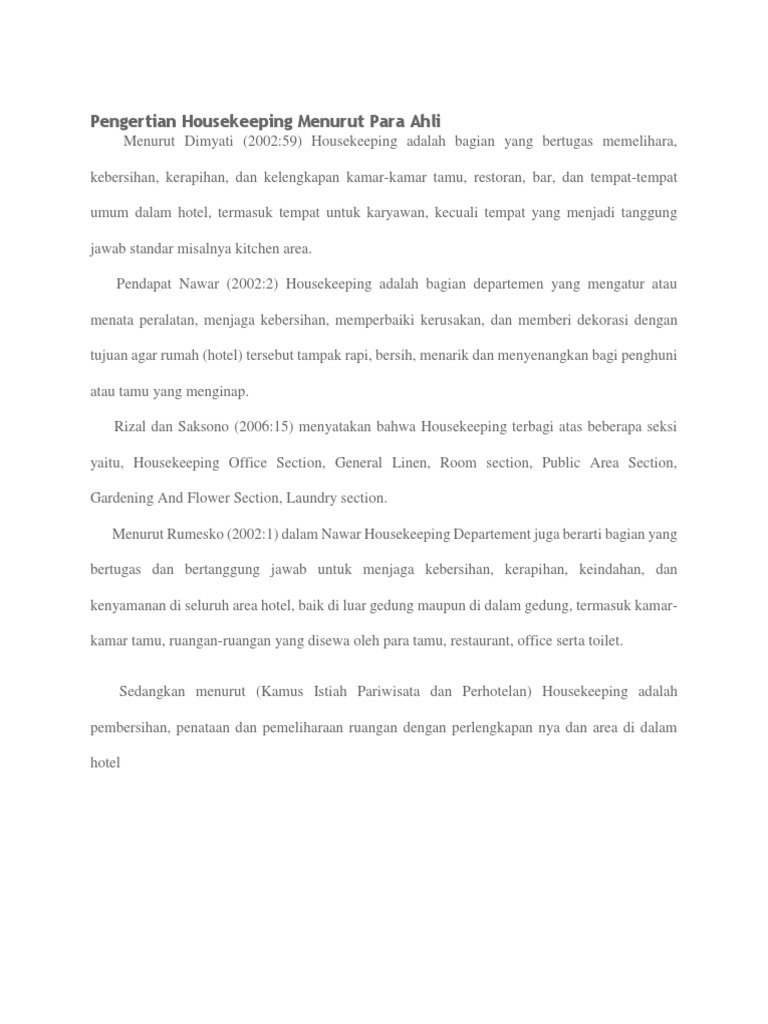 Pengertian Housekeeping Menurut Para Ahli Pdf