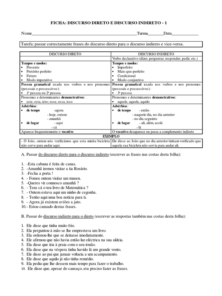 Discurso Direto e Indireto | PDF | Pronome | Conjugação gramática