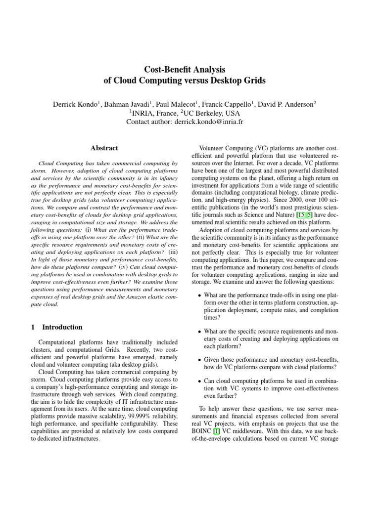 Cost-Benefit Analysis of Cloud Computing Versus Desktop Grids | PDF