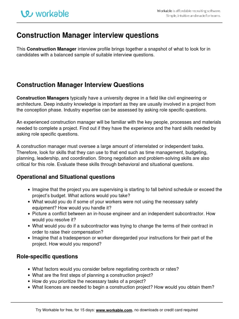 Construction Manager Interview Questions PDF Construction Management Negotiation
