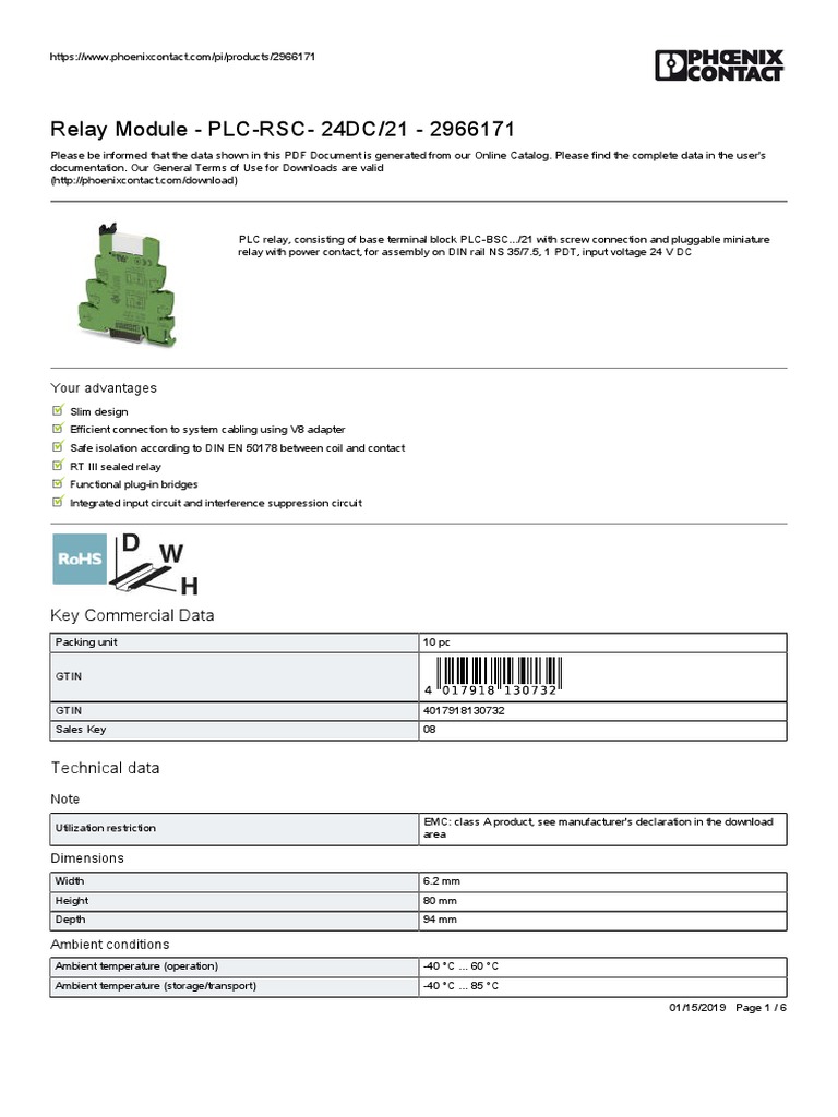 Relay Module - PLC-RSC-24DC/21 - 2966171: Key Commercial Data | PDF ...