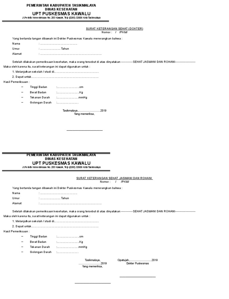Surat Keterangan Sehat Pkm