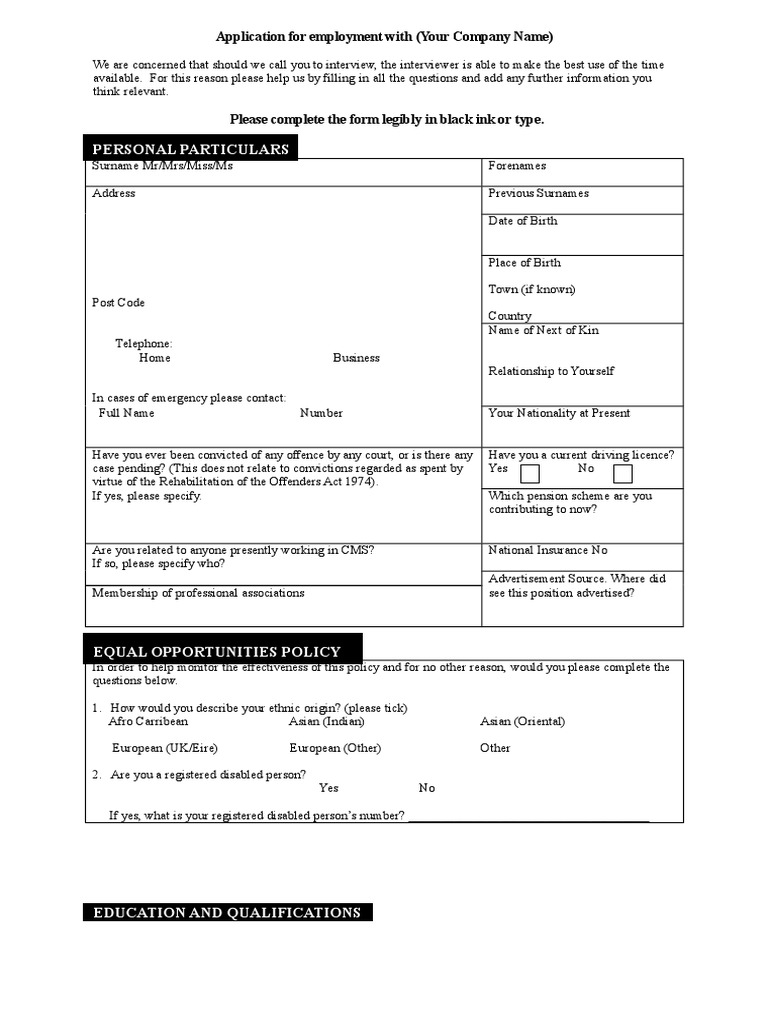Personal Particulars Application For Employment With (Your Company