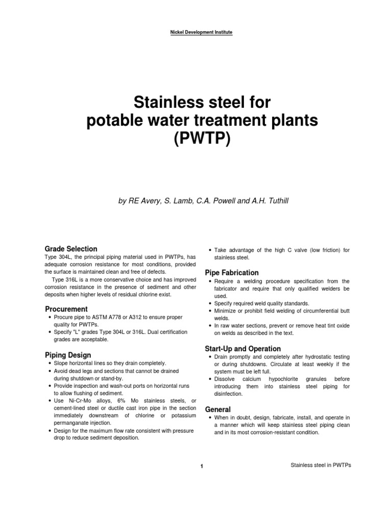 Stainless Steel For Potable Water Treatment Plants (PWTP) by RE Avery
