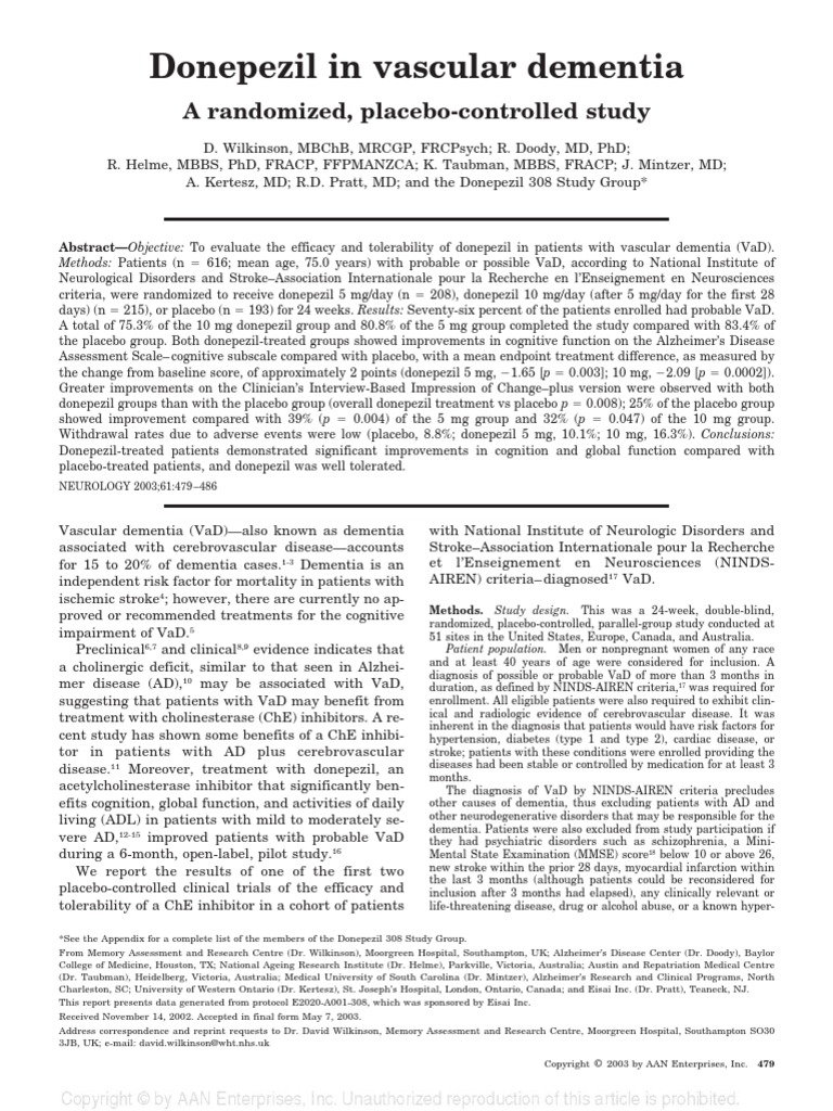 Donepezil in Vascular Dementia A Randomized, PlaceboControlled Study