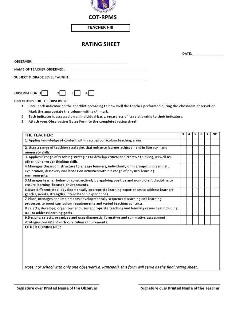 Rating Sheet | PDF | Teachers | Curriculum