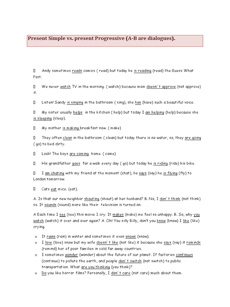 Present Simple Vs Present Progressive | PDF | Leisure