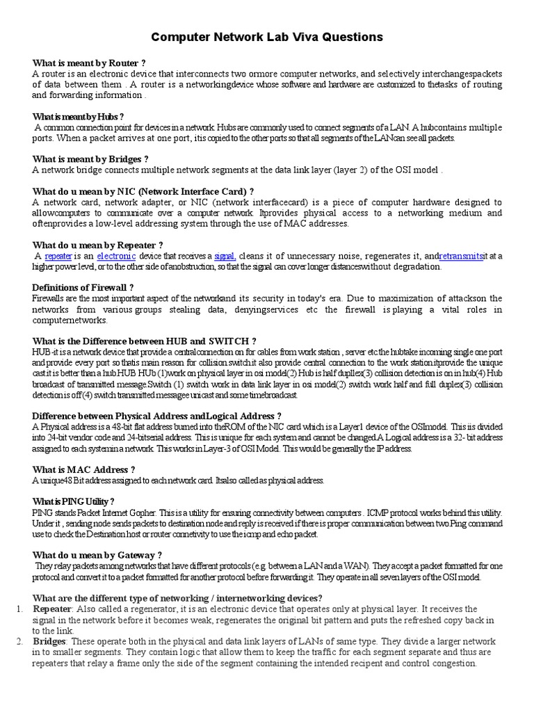 CN Lab Viva Questions PDF Computer Network Protocol Suite