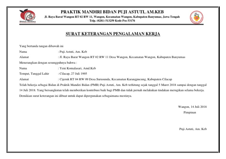 Surat Keterangan Pengalaman Kerja Yeni