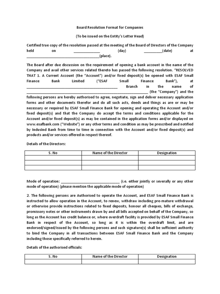 Board Resolution for Bank Account Opening | PDF | Overdraft | Banks