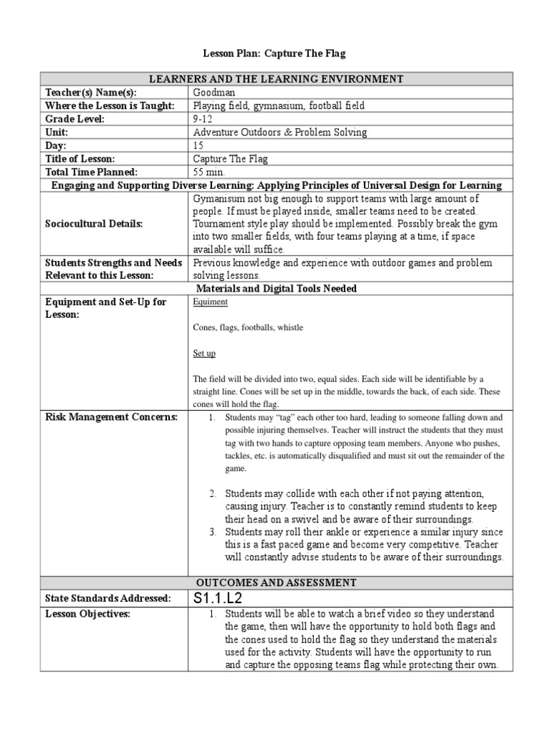 Lesson Plan Capture The Flag PDF Differentiated Instruction