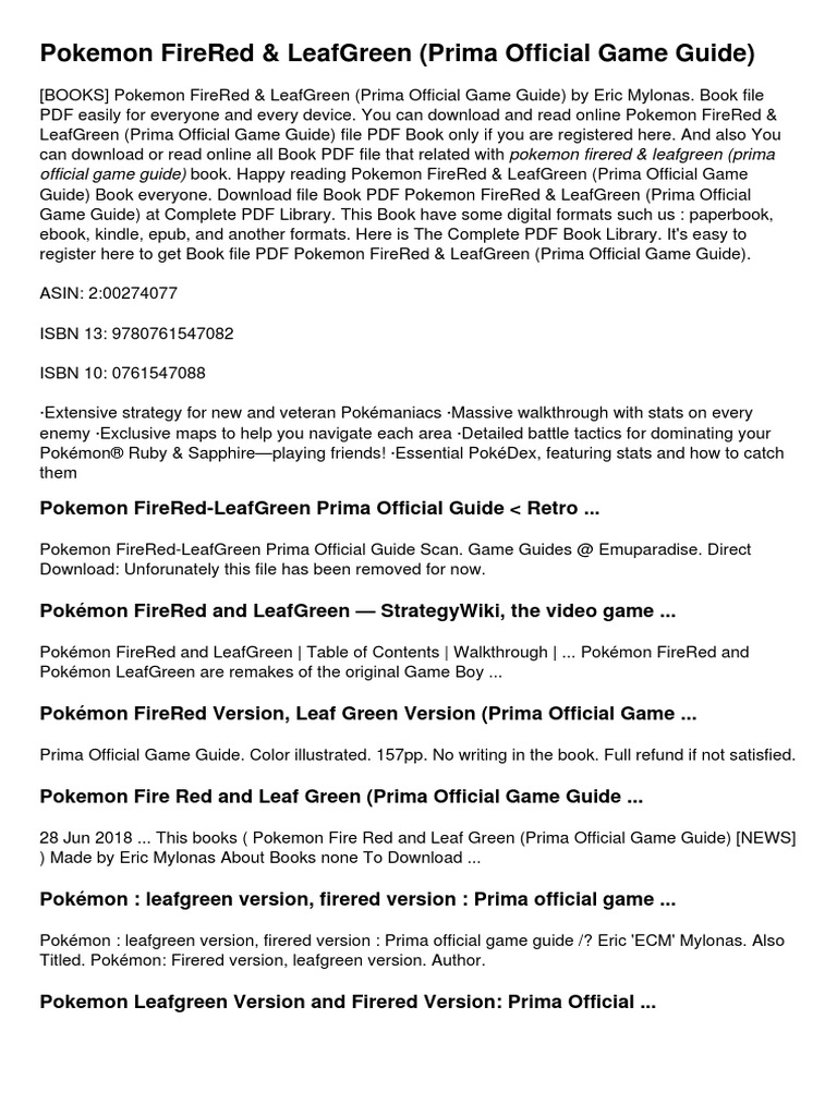 Eric Mylonas Pokemon Fire Red Leaf Green Prima Official Game Guide ...