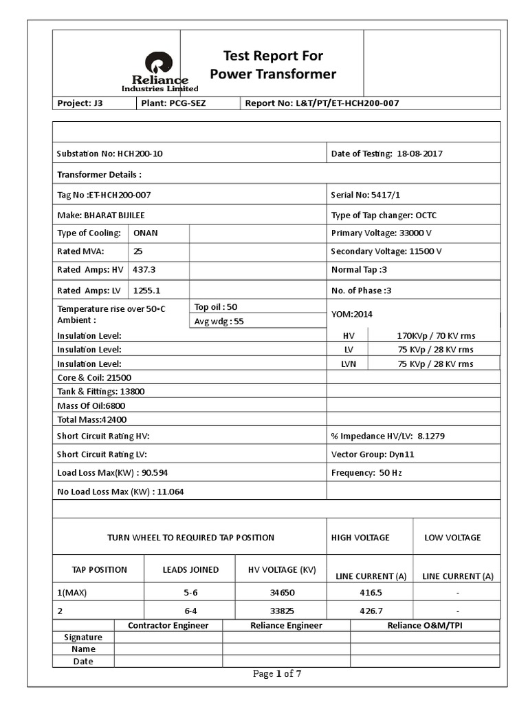 Power Transformer Test Report J3 | PDF | Transformer | Relay
