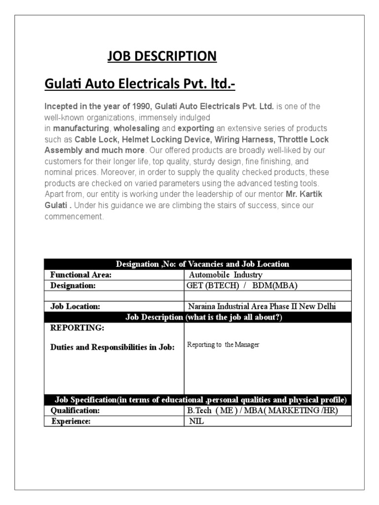 Job Description for the Position of GET (BTECH) / BDM(MBA) at Gulati
