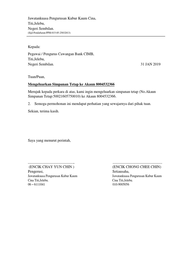 Contoh Surat Mengeluarkan Simpanan Tetap Sebelum Tarikh Matang