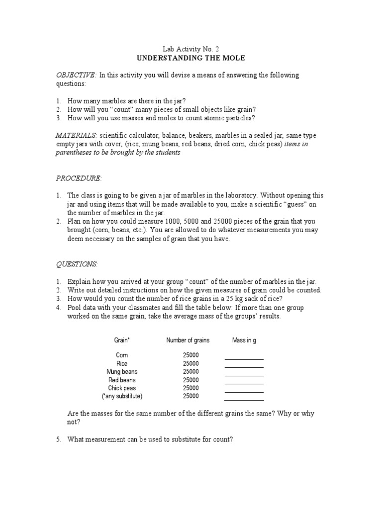 Lab Activity 2 - Understanding The Mole | PDF | Mole (Unit) | Physical