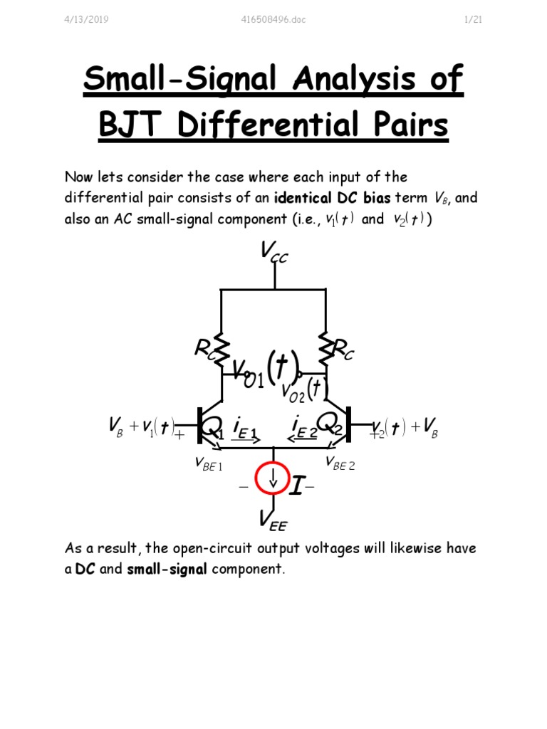 Differential Mode Small Signal Analysis of BJT Diff Pair PDF Bipolar Junction Transistor