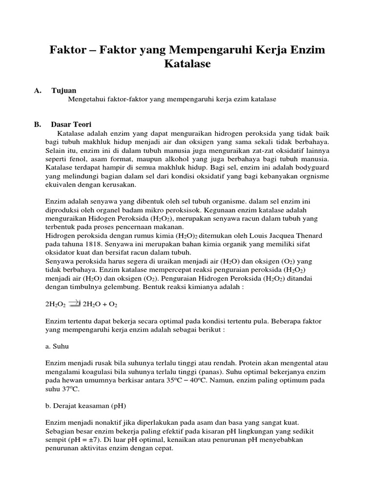 Faktor Faktor Yang Mempengaruhi Kerja Enzim Katalase