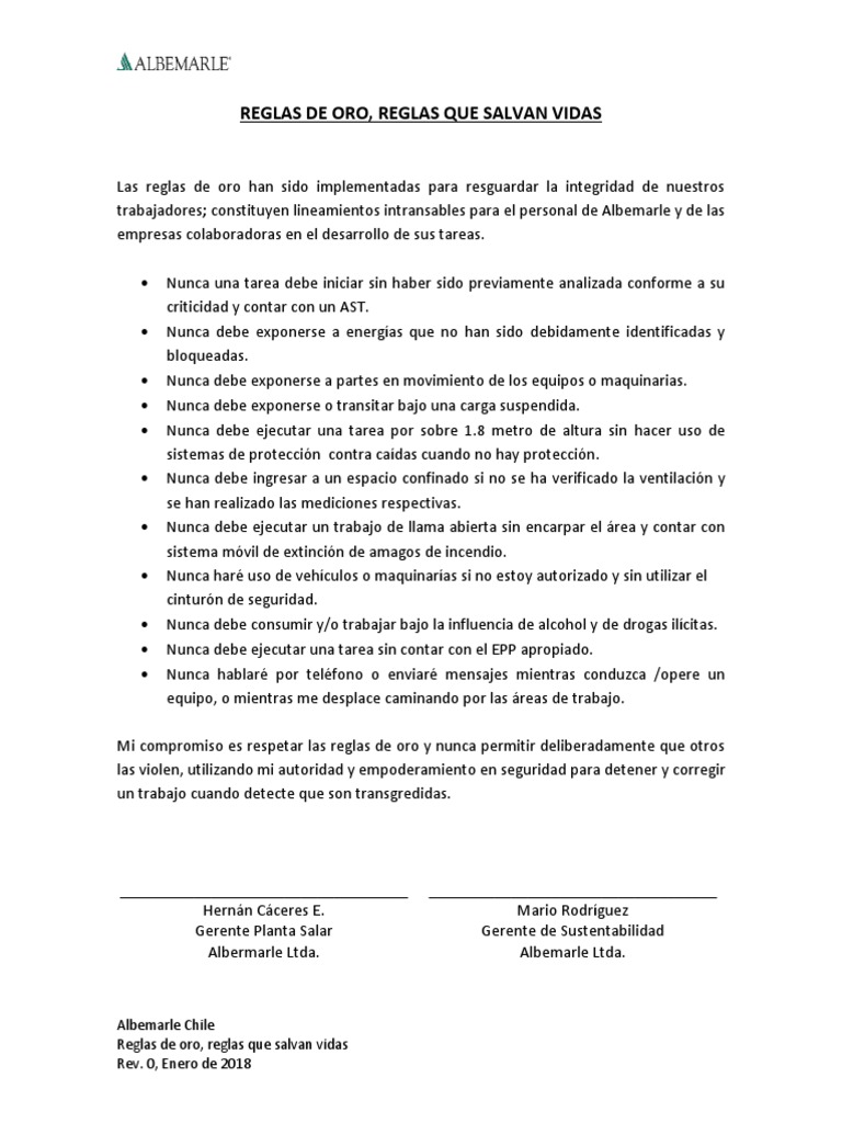Reglas de Oro para la Seguridad Laboral | PDF