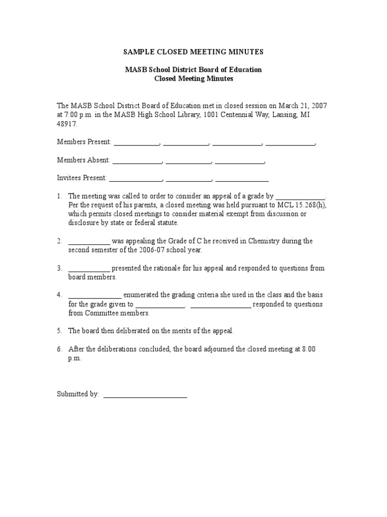 Sample Closed Meeting Minutes MASB School District Board of Education