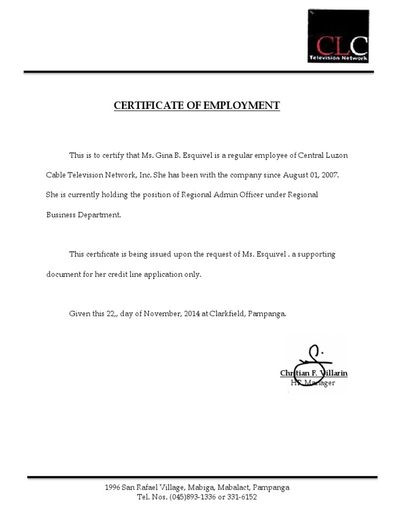 Employment Certificate for Credit Line | PDF