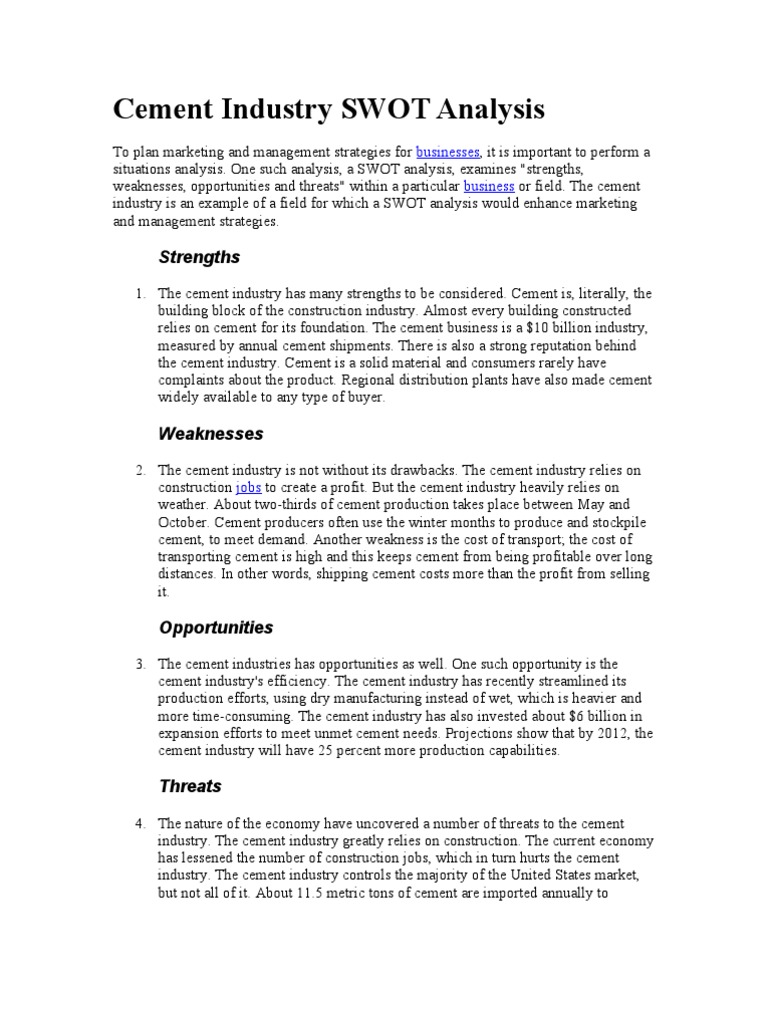 Cement Industry SWOT Overview | PDF | Cement | Swot Analysis