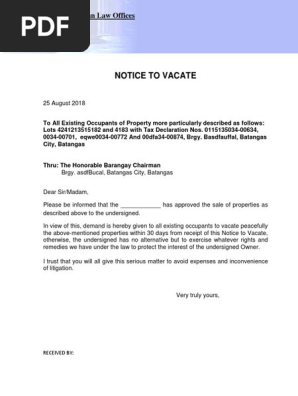 Notice to vacate