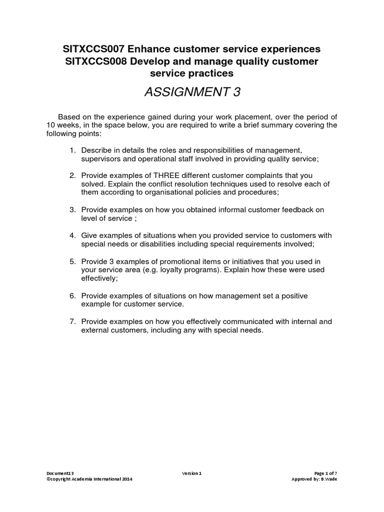 NEW PLACEMENT SITXCCS007 - SITXCCS008 Assignment 3 | PDF | Business
